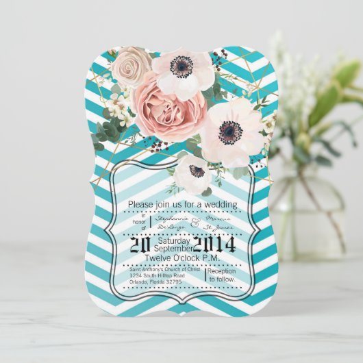 5x7 geometrisch Roos Chevron Blauwgroen bruiloft u Kaart (Staand voorkant)