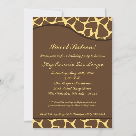 5x7 Giraffe Imprimer Sweet 16 Invitation de fête d (Devant)