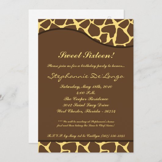 5x7 Giraffe Imprimer Sweet 16 Invitation de fête d (Devant / Derrière)