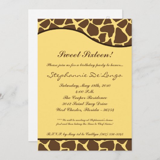 5x7 Giraffe Imprimer Sweet 16 Invitation de fête d (Devant / Derrière)