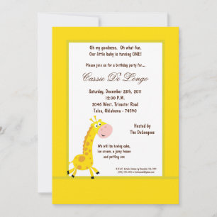 5x7 Giraffe Jaune Invitation de fête d'anniversair