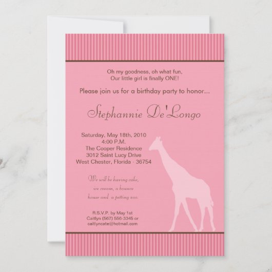 5x7 Giraffe rayée rose Invitation de fête d'annive (Devant)