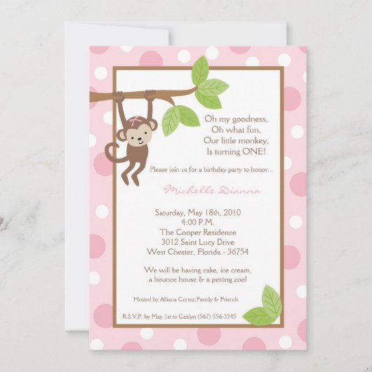5x7 Girl Pink Monkey Oerwoud Birthday Uitnodiging (Voorkant)