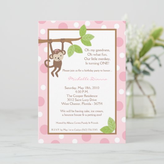 5x7 Girl Pink Monkey Oerwoud Birthday Uitnodiging (Staand voorkant)