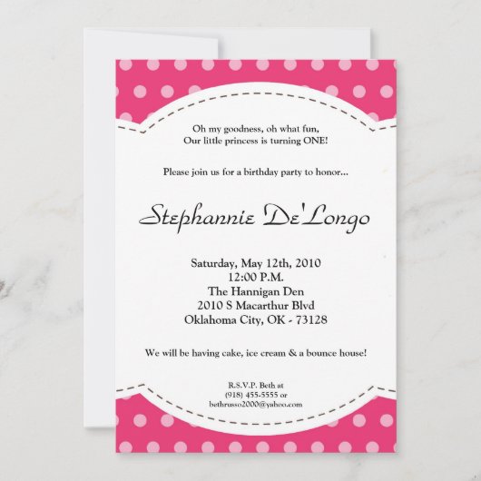 5x7 Girl Pink Polkadot Poke Invitation d'anniversa (Devant)