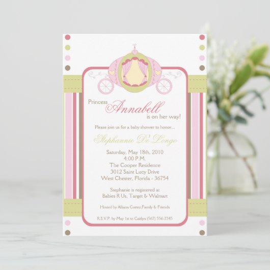 5x7 Girl Princess Carriage Baby shower Invitation (Debout devant)