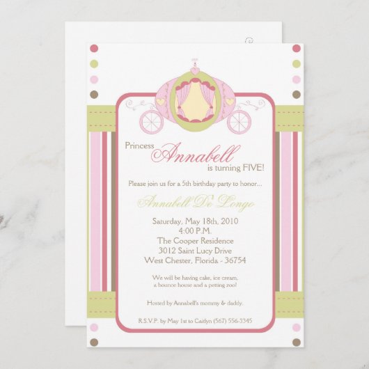 5x7 Girl Princess Carrie Invitation Anniversaire (Devant / Derrière)