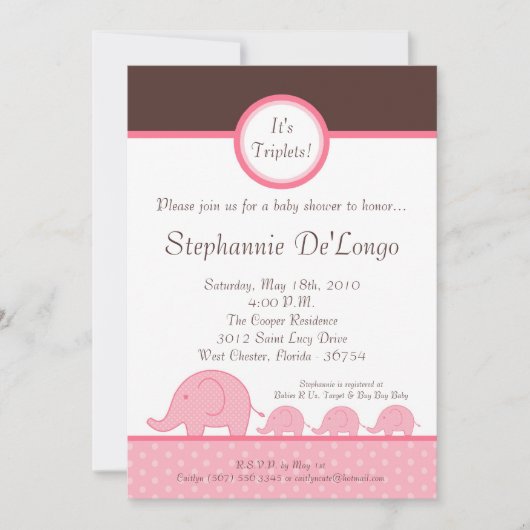 5x7 Girl Triplets Elephant Baby shower Invitation (Devant)