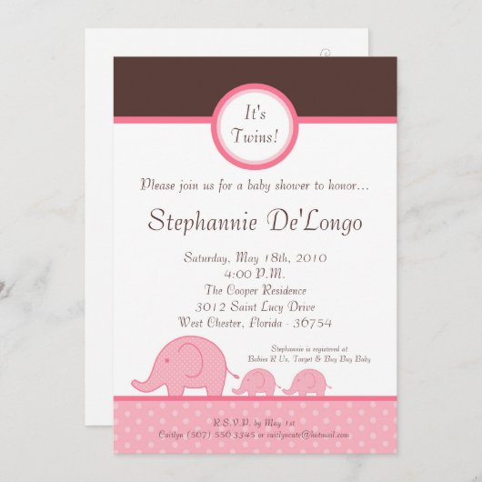 5x7 Girl Twins Mod Elephant Baby shower Invitation Kaart (Voorkant / Achterkant)