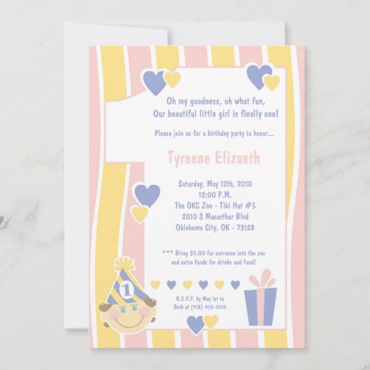 5x7 Girly 1 jaar oud verjaardagsfeestuitnodiging Kaart (Voorkant)