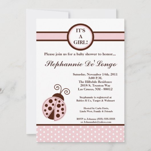 5x7 Girly Pink Lady Bug Baby shower Uitnodiging (Voorkant)