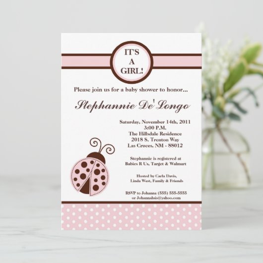 5x7 Girly Pink Lady Bug Baby shower Uitnodiging (Staand voorkant)