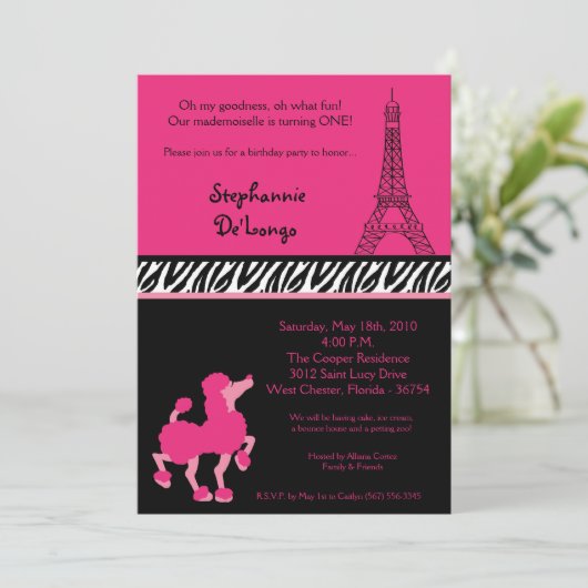 5x7 Girly Pink Poodle Paris uitnodiging (Staand voorkant)