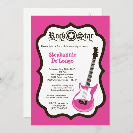 5x7 Girly Pink Rock Gitaar Verjaardag Par Uitnodig Kaart (Voorkant / Achterkant)