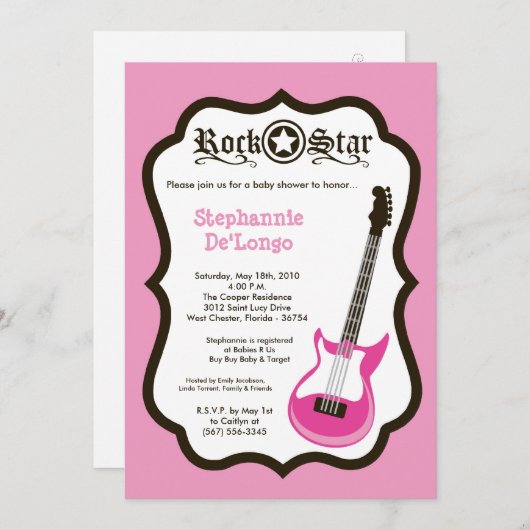 5x7 Girly Pink Rock Guitar Baby shower Invitation Kaart (Voorkant / Achterkant)