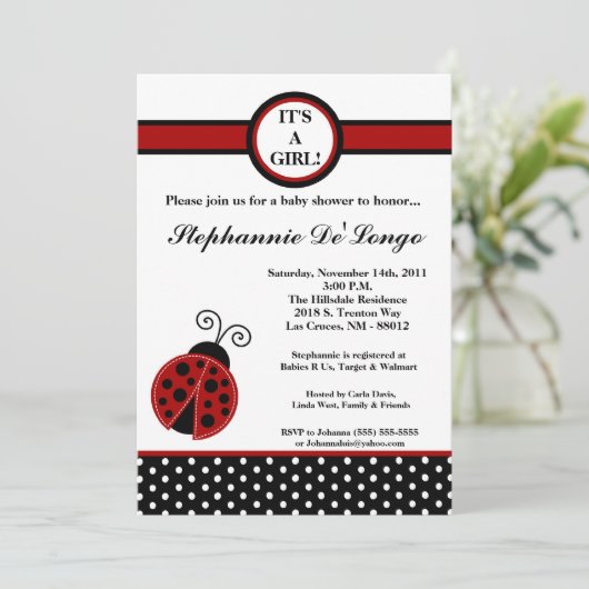 5x7 Girly Red Lady Bug Baby shower Uitnodiging (Staand voorkant)