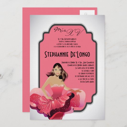 5x7 Glamor Girl Quinceanera Invitation Anniversair (Devant / Derrière)