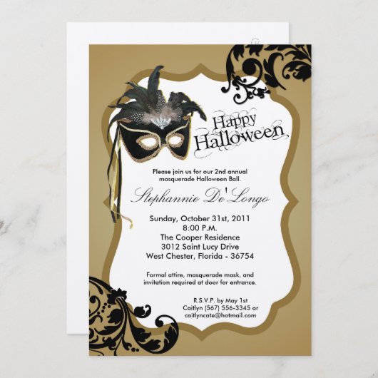 5x7 Gold Masquerade Mask Halloween Uitnodiging (Voorkant / Achterkant)