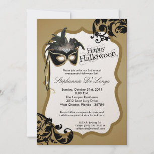 5x7 Gold Masquerade Masque Halloween Invitation