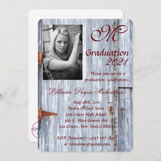 5x7 Graduation Part Invitation White Wash Wood Bar (Devant / Derrière)