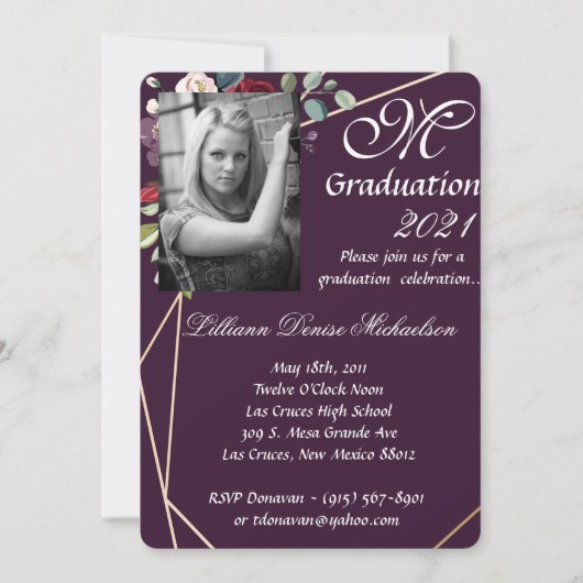 5x7 Graduation Partie Invitation Plum Purple Roses (Devant)
