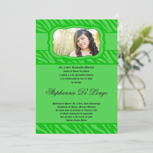 5x7 Gree Zebra Print Patter Quinceanera Invitation (Debout devant)