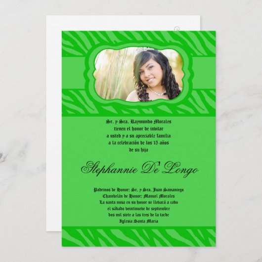 5x7 Gree Zebra Print Patter Quinceanera Invitation (Devant / Derrière)