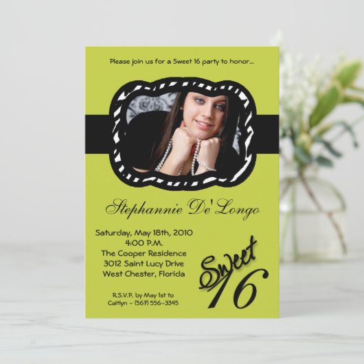 5x7 Green Band PHOTO Sweet 16 Birthday Invite Kaart (Staand voorkant)
