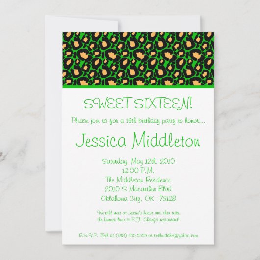5x7 Green Cheetah 16e anniversaire Invitation (Devant)