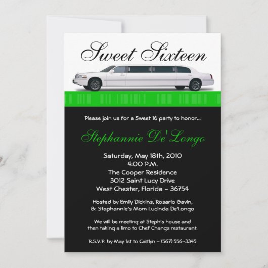 5x7 Green Limo Sweet 16 Anniversaire Invitation (Devant)