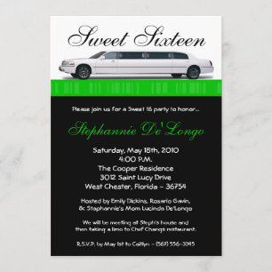 5x7 Green Limo Sweet 16 Anniversaire Invitation