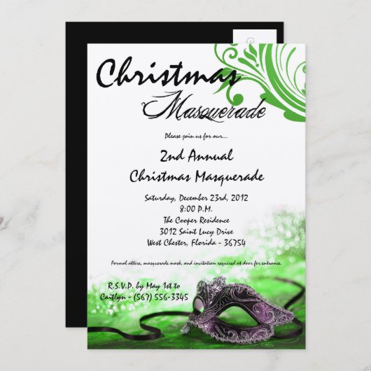 5x7 Green Masquerade Kerstmis XMAS-uitnodiging Kaart (Voorkant / Achterkant)