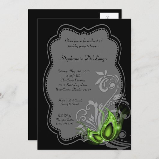 5x7 Green Masquerade Sweet 16 Birthday Invitation Kaart (Voorkant / Achterkant)
