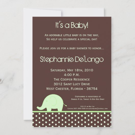 5x7 Green Neut Mod Elephant Baby shower Invitation Kaart (Voorkant)