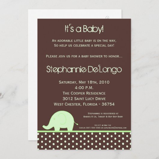 5x7 Green Neut Mod Elephant Baby shower Invitation Kaart (Voorkant / Achterkant)