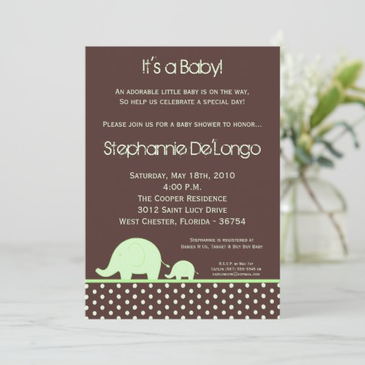 5x7 Green Neut Mod Elephant Invitation Baby shower (Debout devant)
