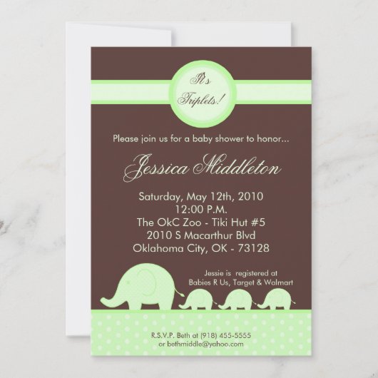 5x7 Green Triplets Invitation Baby shower d'élépha (Devant)