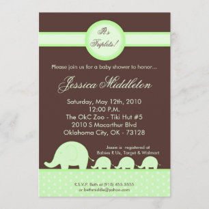 5x7 Green Triplets Invitation Baby shower d'élépha