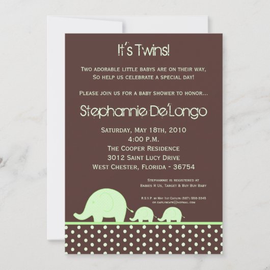 5x7 Green Twin Mod Baby shower éléphant Invitation (Devant)
