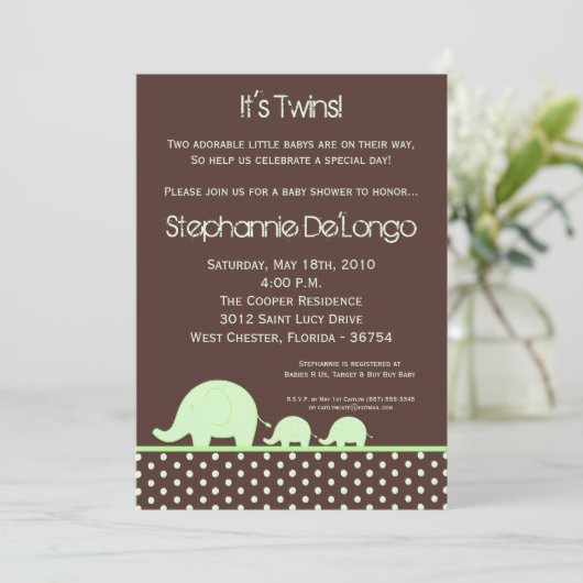 5x7 Green Twin Mod Baby shower éléphant Invitation (Debout devant)