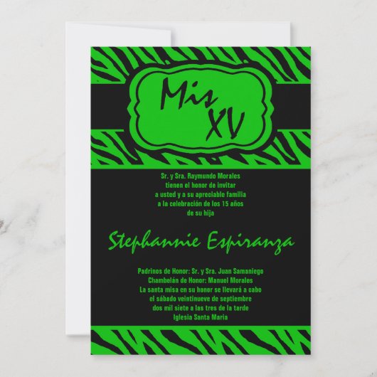 5x7 Green Zebra Imprimer Quinceanera 15 Invitation (Devant)