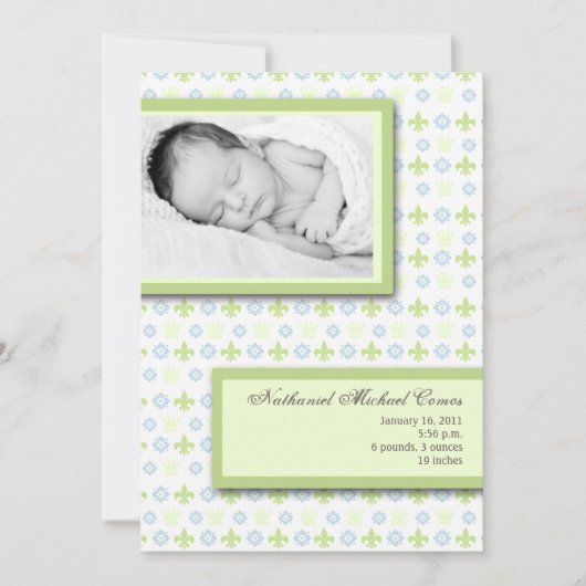5x7 GreenBlue Fleur De Li Faire-part de naissance (Devant)