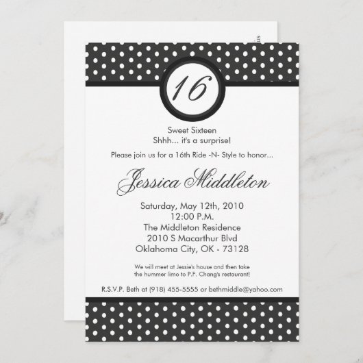 5x7 grijze witte poka dot 16e verjaardag uitnodigi kaart (Voorkant / Achterkant)