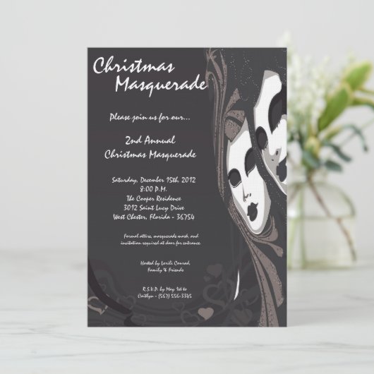 5x7 Gris Argent Masquerade Noël Invitation (Debout devant)