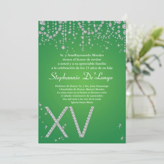5x7 Groene Diamant Quinceanera Verjaardag Uitnodig Kaart (Staand voorkant)