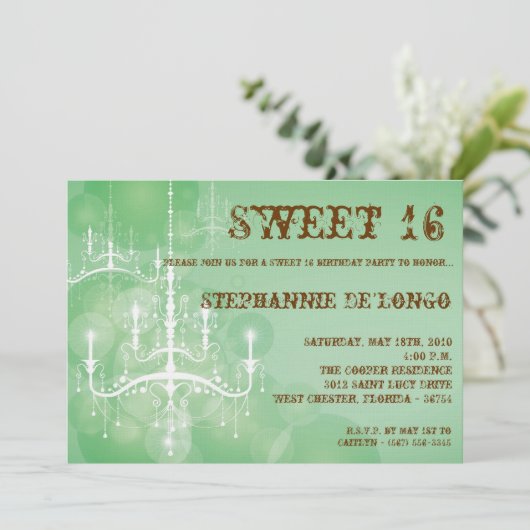 5x7 Groene Kroonluchter Sweet 16 Verjaardag Uitnod Kaart (Staand voorkant)
