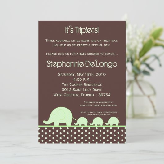 5x7 Groene Triplets Elephant Baby shower Invitatio Kaart (Staand voorkant)