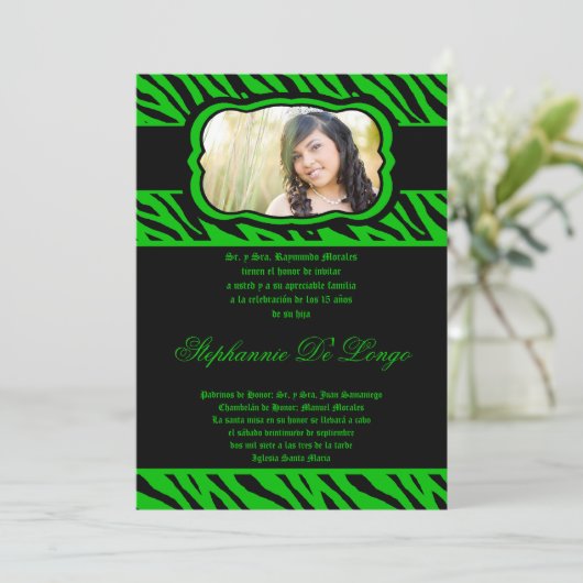 5x7 groene zebra print Quinceanera uitnodiging (Staand voorkant)