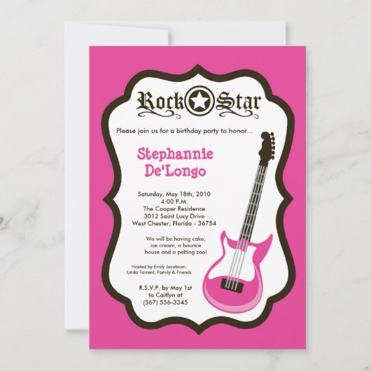 5x7 Guitare Roche Rose Fille Invitation par annive (Devant)