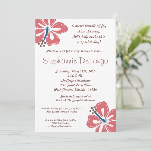 5x7 Hawaiian HibiscusFlower Baby shower Invitation Kaart (Staand voorkant)